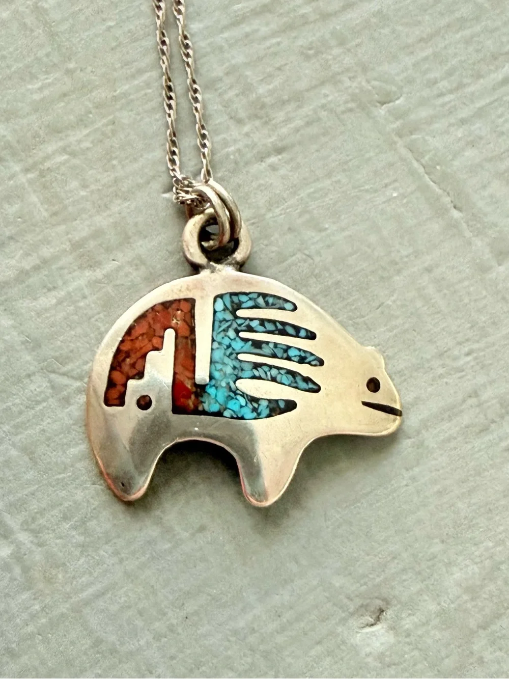 Southwestern stone Inlay Bear Pendant Necklace